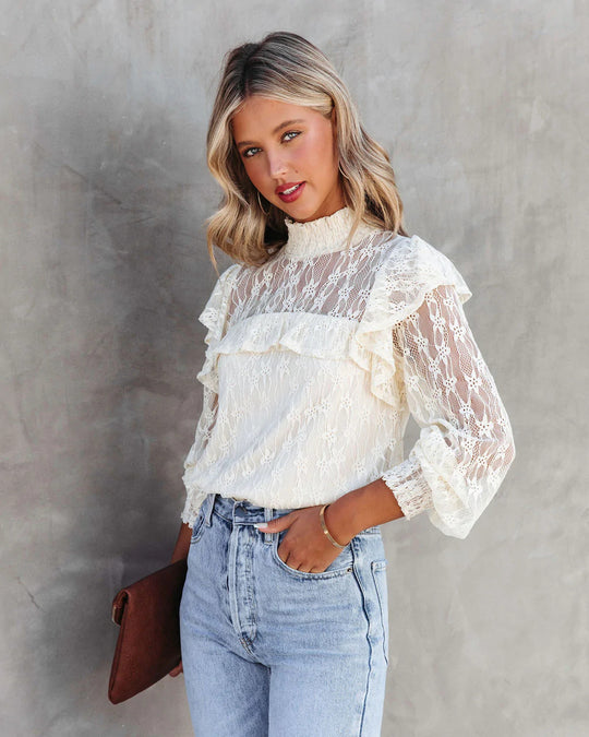 Damen Spitzenbluse mit Rüschendetails und elegantem Stehkragen EB