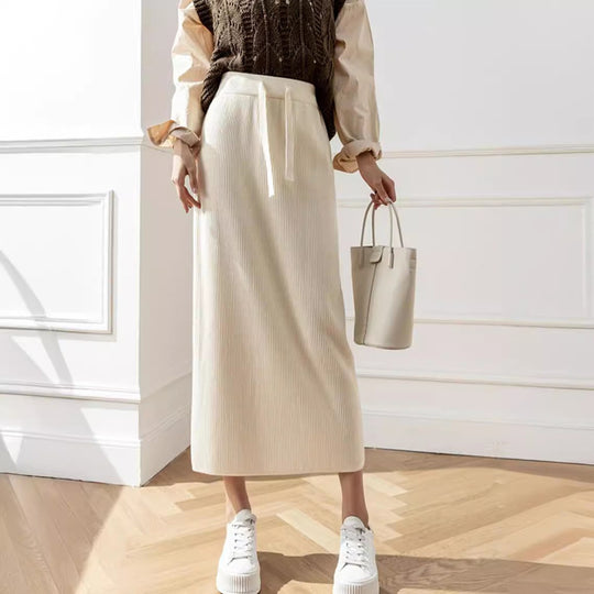 Damen Midi-Rock mit Taillenschnürung und geripptem Design EB