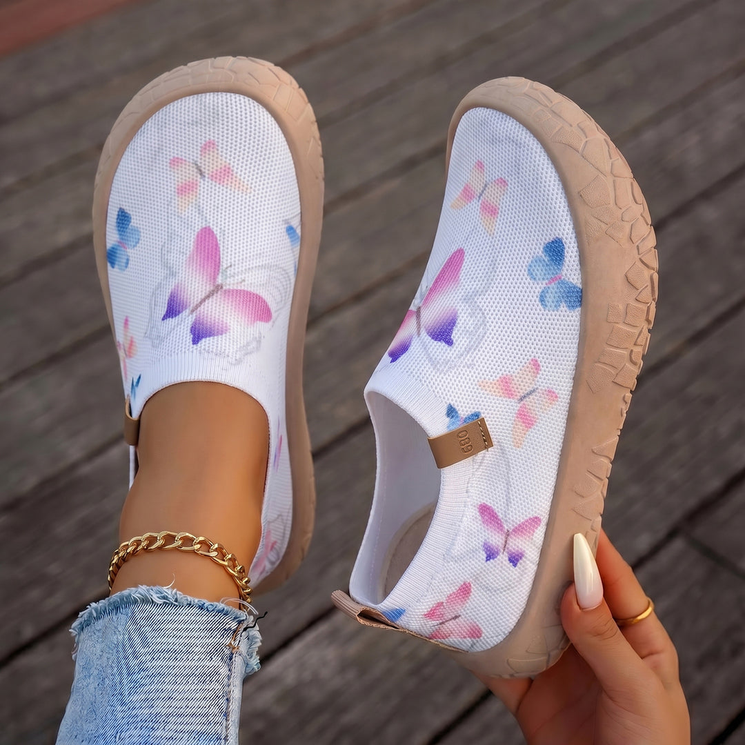 Damen nan atmungsaktiver Strick-Slipper mit Aquarell-Schmetterlingsprint und griffiger Outdoorsohle EB