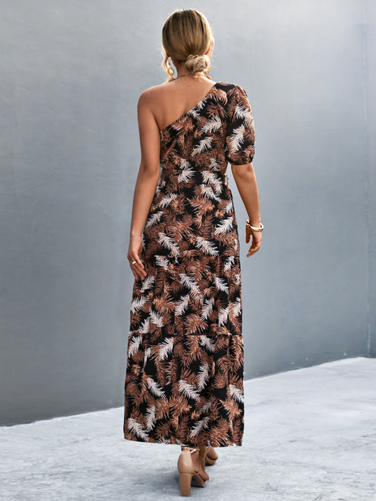 Damen Maxikleid mit asymmetrischem Schnitt und einzigartigem Palmblätterdruck EB