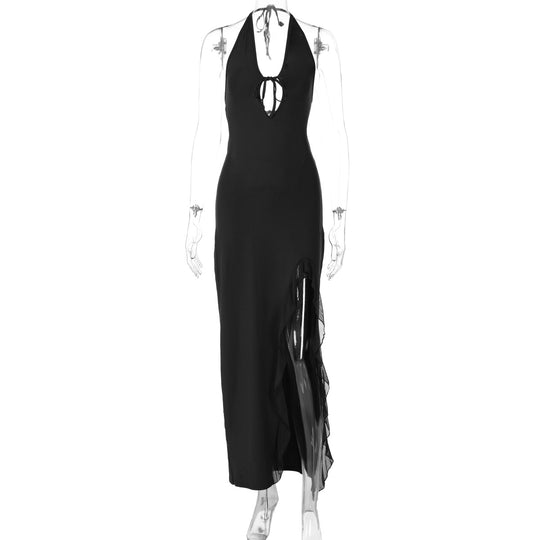 Damen elegantes Halterneck Maxikleid mit seitlichem Rüschen-Schlitz und tiefem V-Ausschnitt EB
