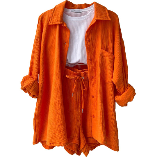 Damen nan lässiges oversized Hemd und Shorts Set mit Brusttasche Kordelbund und gerauter Baumwollstruktur EB