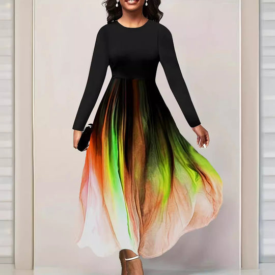Damen Elegantes Maxikleid mit kreativer Farbverlauf-Optik und langen Ärmeln EB