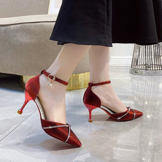 Damen elegante Ballerinas mit zierlichem Knöchelriemen und funkelndem Akzent EB