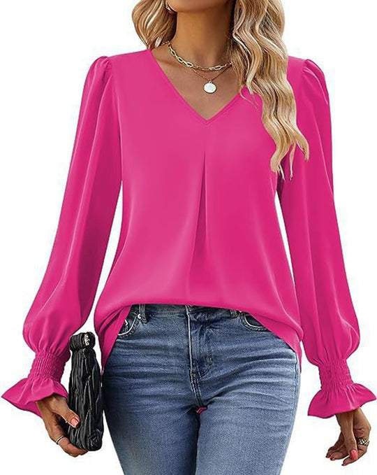 Damen fließende V-Ausschnitt Bluse mit eleganten Puffärmeln EB