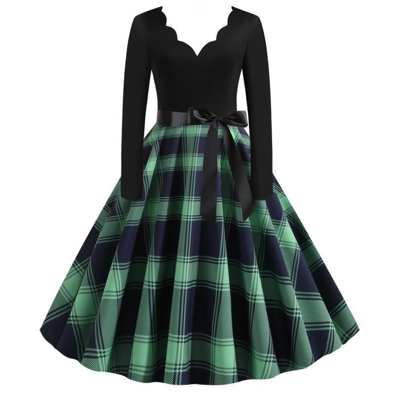 Damen Retro‑Swingkleid mit gezacktem Herzausschnitt, tailliertem Langarmoberteil und karierter Tellerrock EB