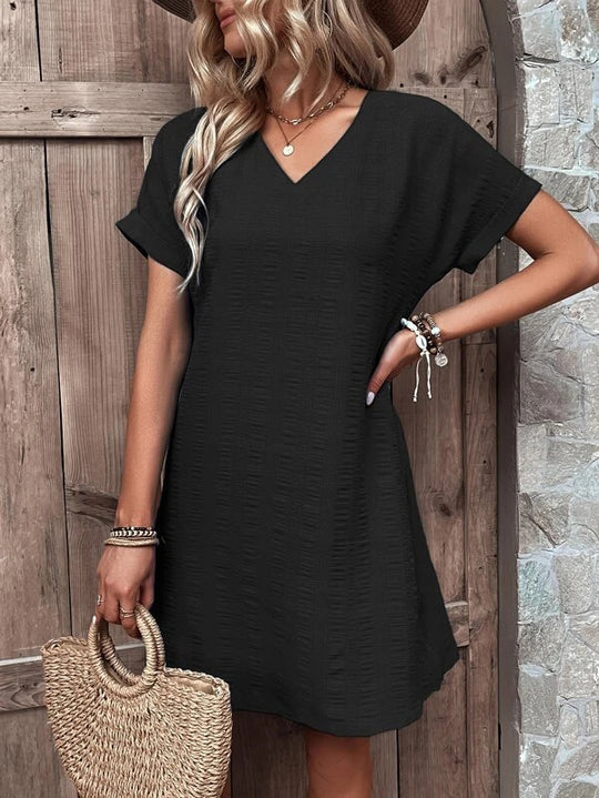 Damen V-ausschnitt Freizeitleinenkleid mit kurzen Ärmeln EB
