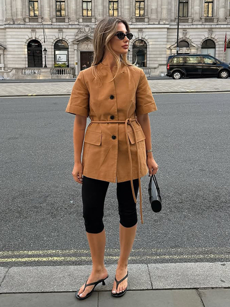 Damen modische Übergangsjacke mit Gürtel und praktischen Taschen EB