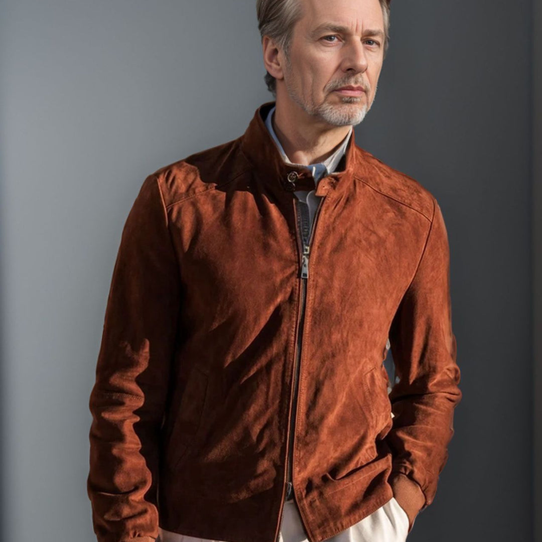 Herren lässige Wildlederjacke mit Stehkragen und seitlichen Reißverschlusstaschen EB