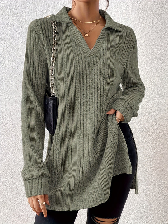 Damen Langarm Shirt mit strukturiertem V-Ausschnitt und schmalen Rippdetails EB