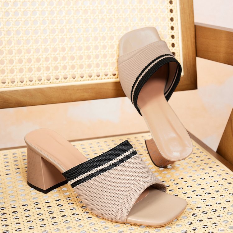 Damen elegante Mules mit Blockabsatz und modischem Gewebemuster EB