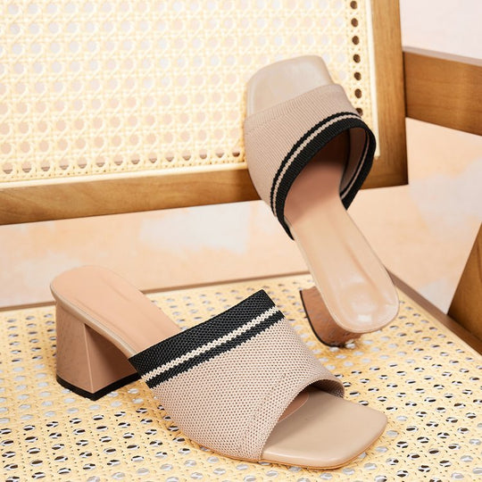 Damen elegante Mules mit Blockabsatz und modischem Gewebemuster EB