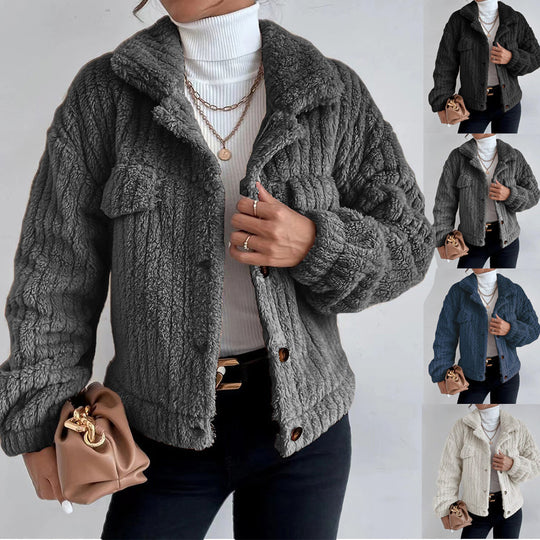 Damen nan kuschelige Teddyjacke mit Hemdkragen, Druckknopfverschluss und aufgesetzten Brusttaschen EB