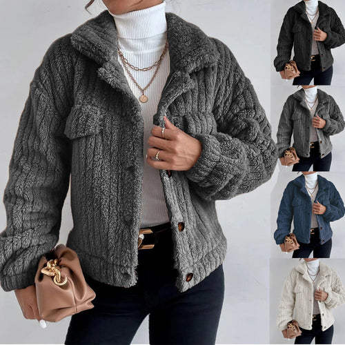 Damen nan kuschelige Teddyjacke mit Hemdkragen, Druckknopfverschluss und aufgesetzten Brusttaschen EB