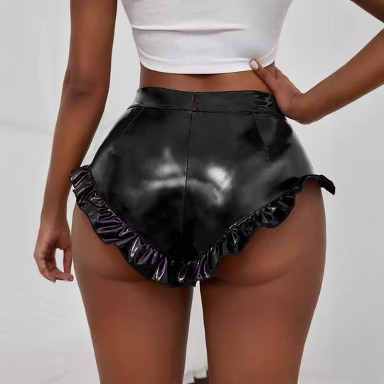 Damen Kunstleder-Shorts mit Rüschendetails und hohem Bund EB