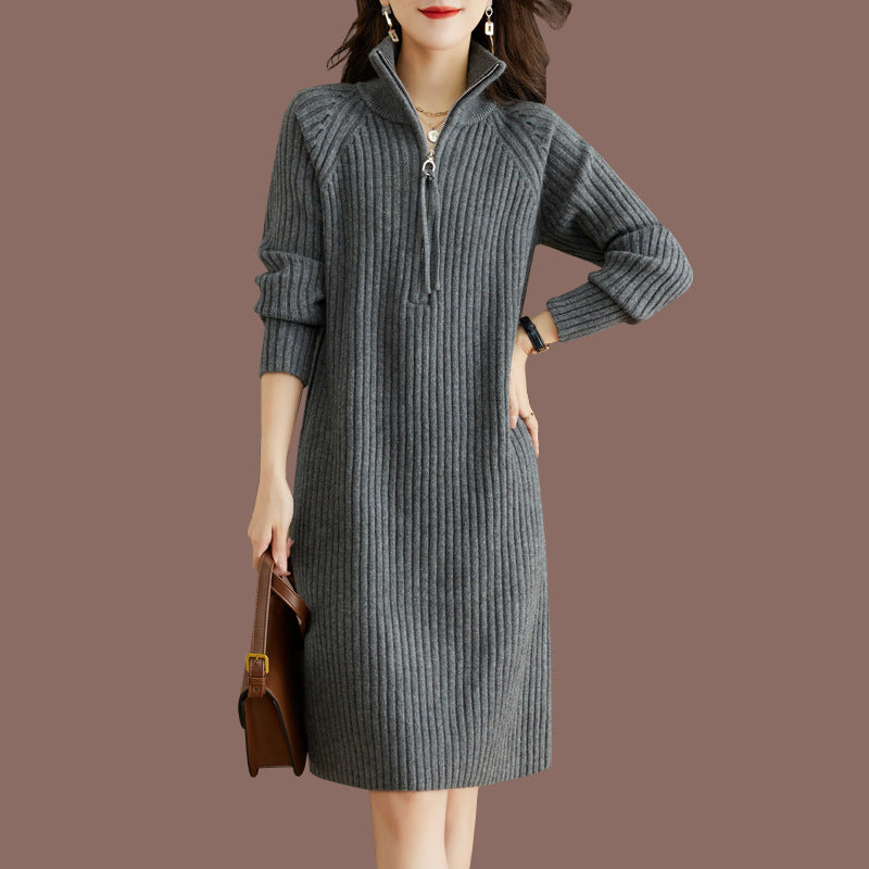 Damen Strickkleid mit steigendem Kragen und strukturierter Ripp-Optik EB