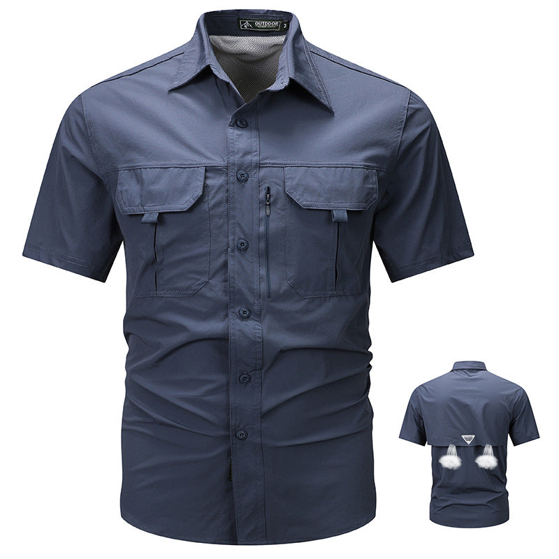 Men's  tactical short sleeve button shirt with dual flap chest pockets and discreet zip utility pocket EB