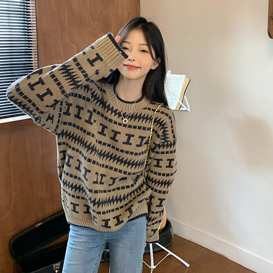 Damen Strickpullover mit modernem geometrischem Muster EB