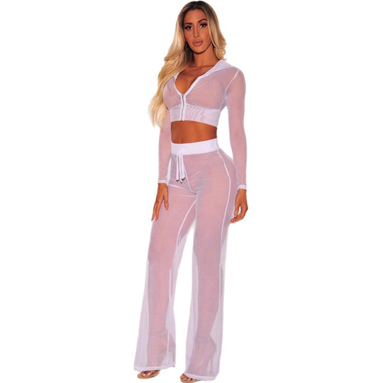Damen Transparente Lounge-Hose mit Reißverschluss und Hohem Bund EB
