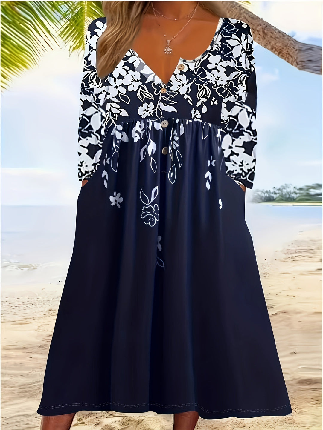 Damen Maxikleid mit floralem Design und eleganten Knopfdetails EB