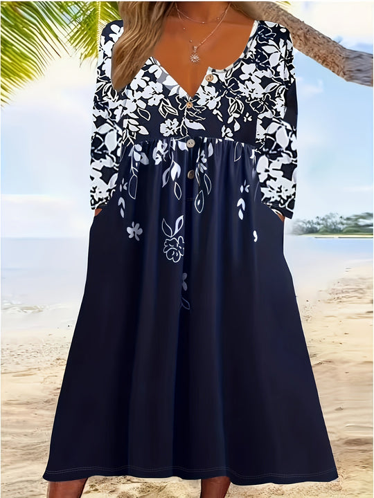 Damen Maxikleid mit floralem Design und eleganten Knopfdetails EB