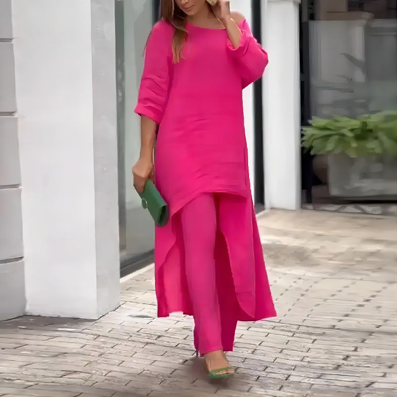 Damen nan weit geschnittenes Leinenzweiteiler Set mit asymmetrischer Tunika und lockeren Marlene-Hose EB