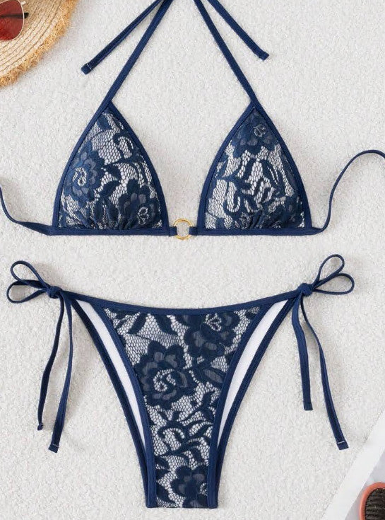 Damen Spitze Triangel-Bikini mit raffinierten Bindebändern EB