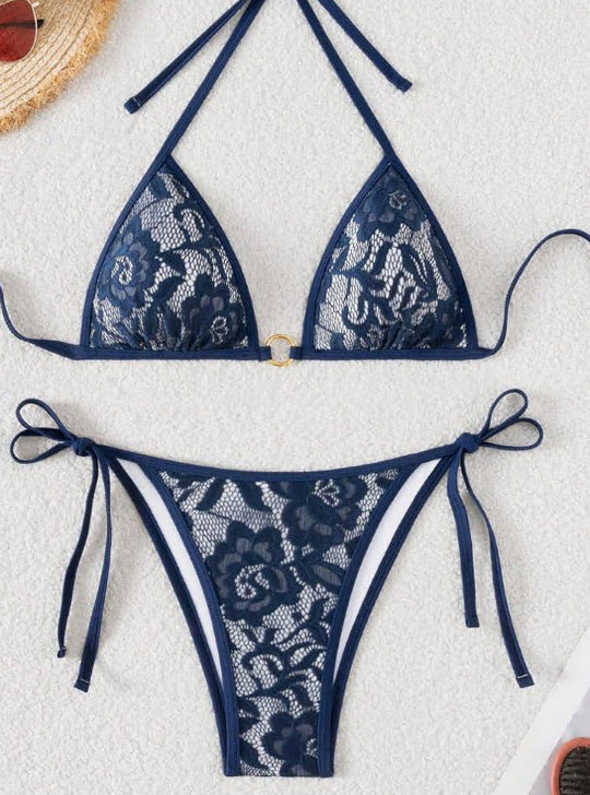 Damen Spitze Triangel-Bikini mit raffinierten Bindebändern EB