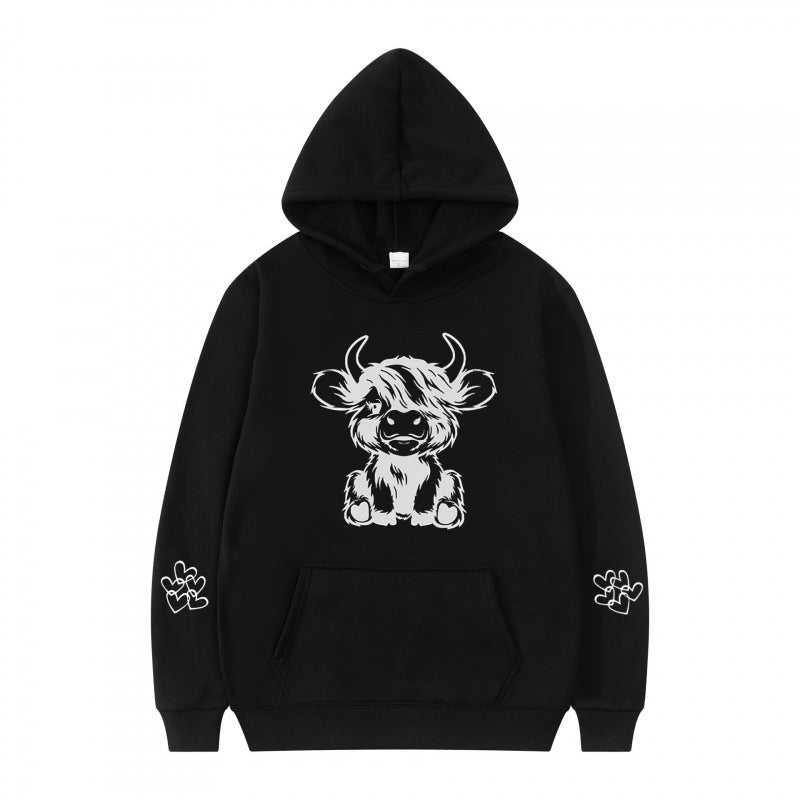 Damen Kapuzensweater mit entzückendem Kuhmotiv und praktischen Kängurutaschen EB