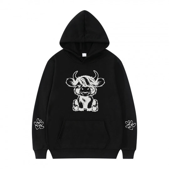 Damen Kapuzensweater mit entzückendem Kuhmotiv und praktischen Kängurutaschen EB