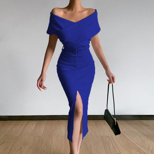 Damen Etuikleid mit schulterfreiem Design und hohem Beinschlitz EB