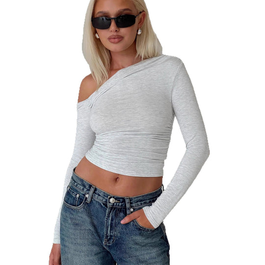 Damen Off-Shoulder Raffungsshirt mit langen Ärmeln und elegantem Design EB