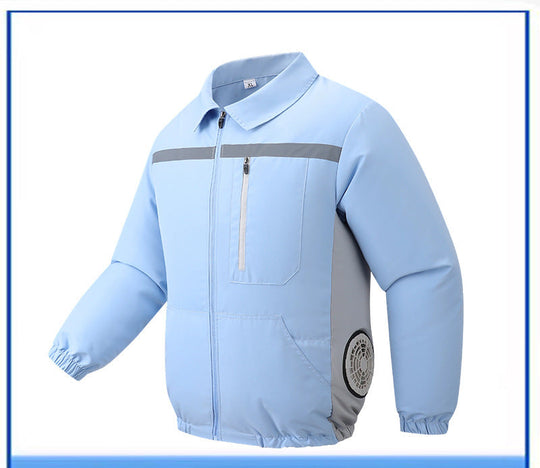 Unisex nan ventilated work cooling jacket with side vent inserts, removable battery compartment and reflective inserts EB