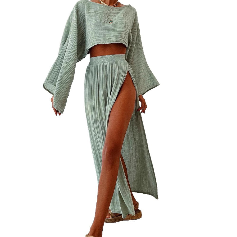 Damen luftiges Set aus cropped Oberteil und hoch geschnittenem Rock EB