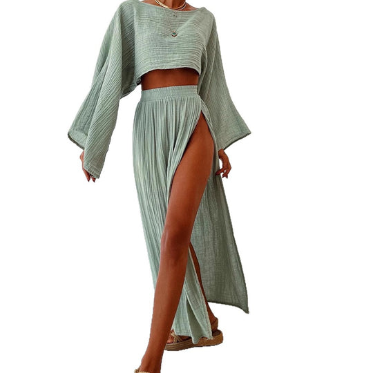 Damen luftiges Set aus cropped Oberteil und hoch geschnittenem Rock EB