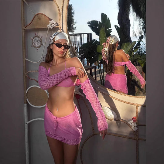 Damen Häkel-Bikini-Set mit langem Arm und passendem Rock EB
