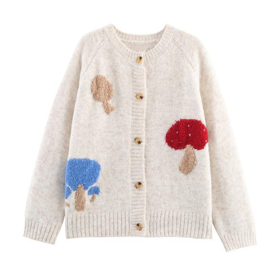 Damen Strickjacke mit bunten Pilzmotiven und bequemen Knopfdetails EB