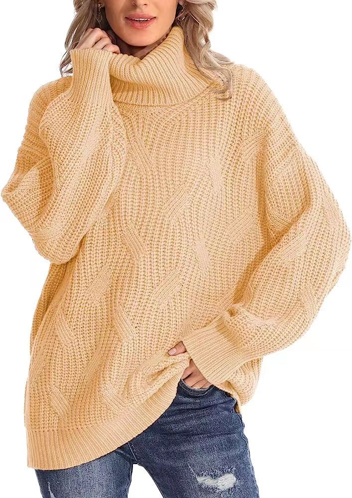 Damen Grobstrickpullover mit hohem Kragen und strukturiertem Zopfmuster EB