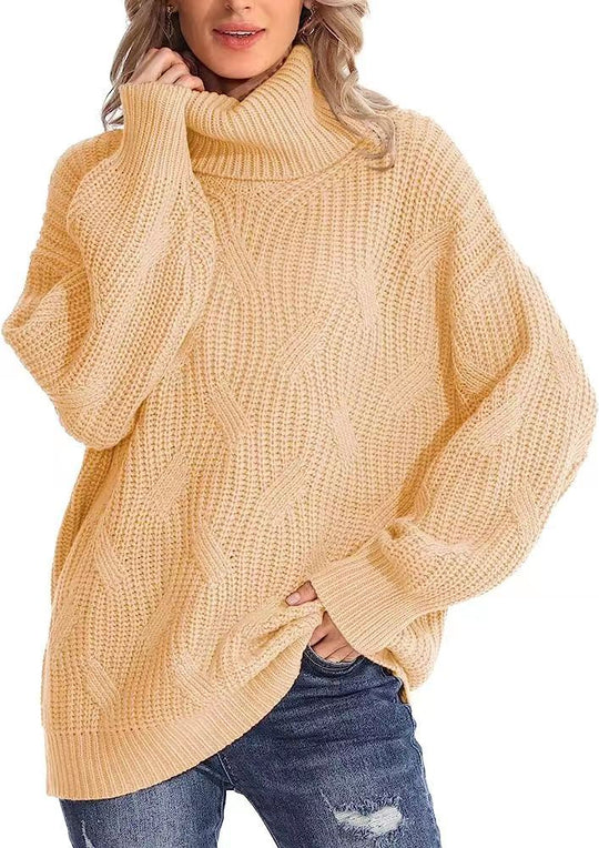 Damen Grobstrickpullover mit hohem Kragen und strukturiertem Zopfmuster EB