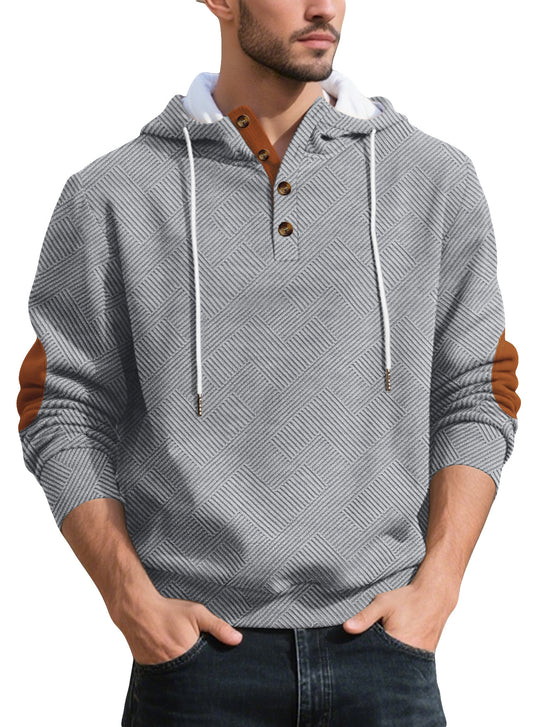 Herren nan strukturierter Kapuzen-Henley-Pullover mit Jacquardstruktur, Knopfleiste und Ellenbogenpatches EB