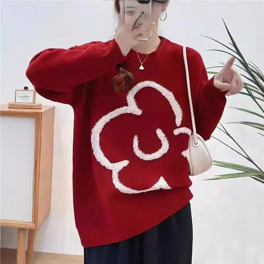 Damen lässiger Strickpullover mit floralem Motiv EB