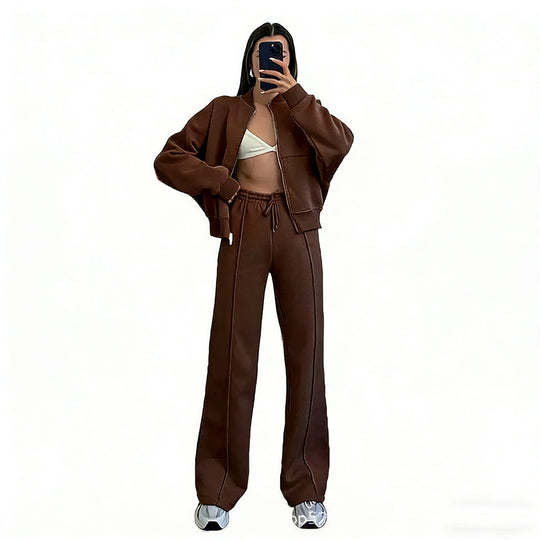 Damen nan kurz geschnittenes Blouson mit Reißverschluss und weiter High-Waist Jogginghose Set EB