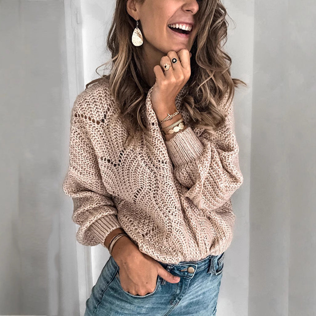 Damen luftiger Strickpullover mit modernen Lochmustern und weitem Schnitt EB