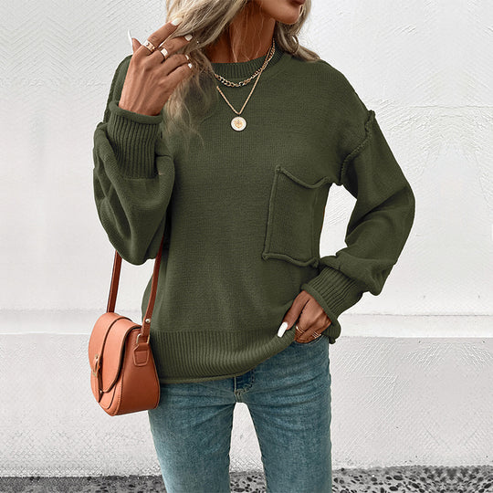 Damen lässiger Pullover mit voluminösen Ärmeln und praktischer Taschendetail EB