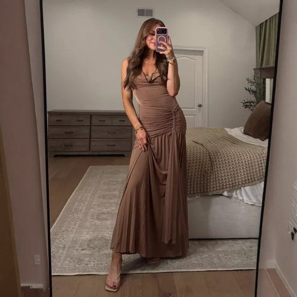 Damen Maxikleid mit eleganter Drapierung und schickem V-Ausschnitt EB
