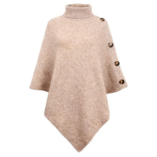 Damen nan asymmetrischer Strickponcho mit Rollkragen und dekorativer Knopfleiste EB