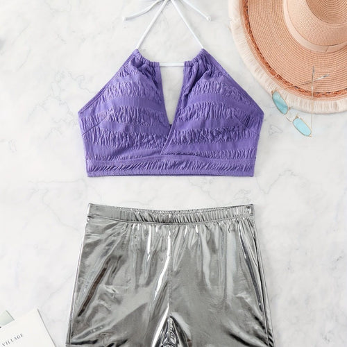 Damen Bikini-Set mit floralem Oberteil und hochglänzenden Shorts EB