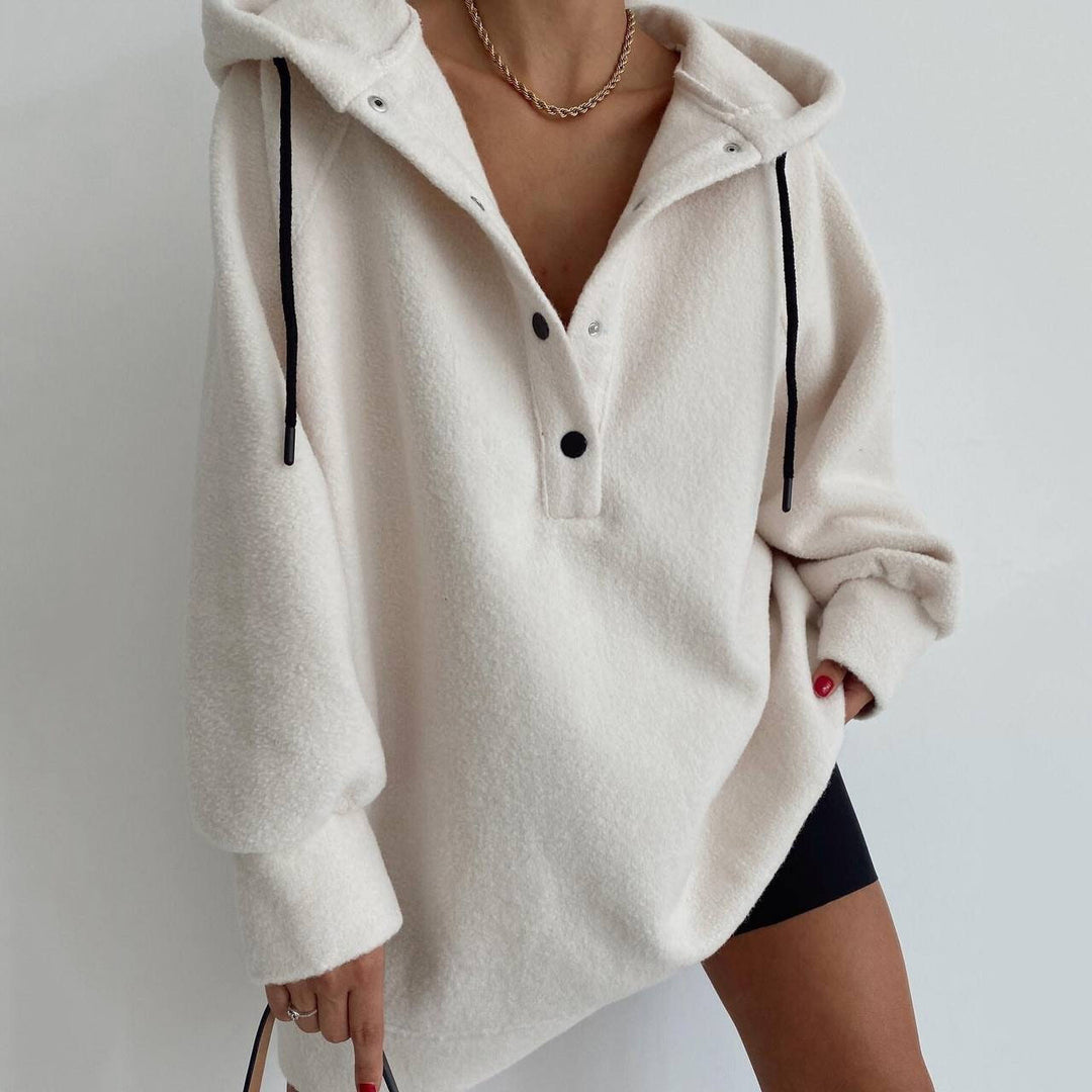Damen nan kuscheliges Kapuzen-Fleece-Tunika-Sweatshirt mit Druckknopfleiste und überschnittener Schulter EB
