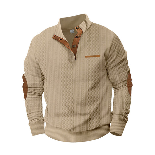 Herren nan strukturierter Strickpullover mit Stehkragen, Knopfleiste und Ellenbogenpatches EB