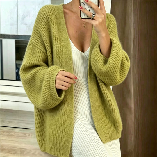 Damen Oversize-Cardigan aus grobem Rippstrick mit Ballonärmeln EB